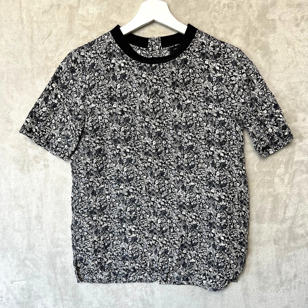 Theory Blouse Womens XS/S Klima Silk Floral Short Sleeve Top Black‎ Gray